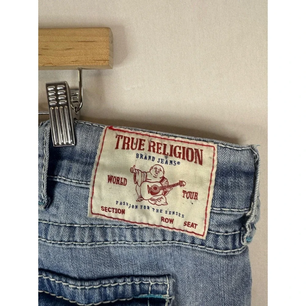 True Religion Ricky Relaxed Straight Distressed Blue Jeans Mens 44X30 Light Wash